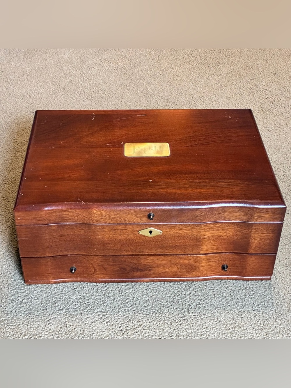 Cherry Wood 70’s Monogram Jewelry Box Brass Handles Gold Velvet Lined 16x11.5x7”